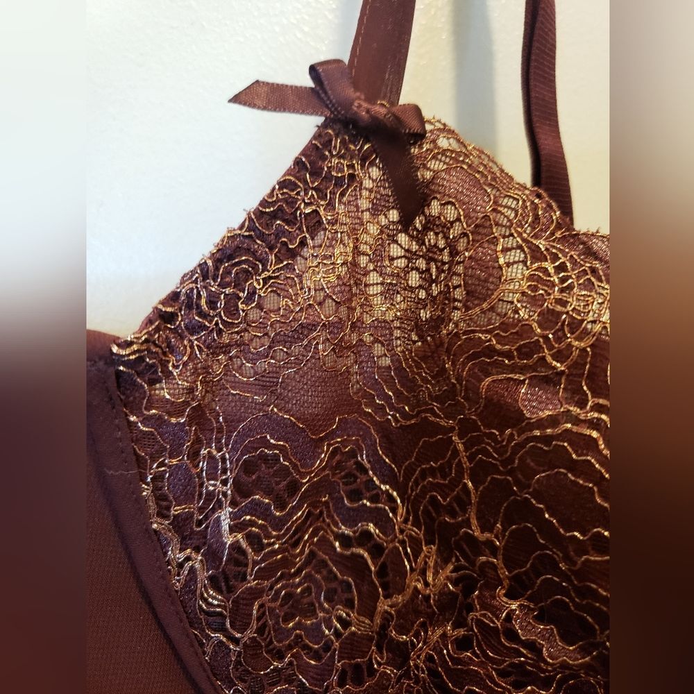 Lane Bryant Cacique Burgundy & Gold Lace Babydoll Lingerie Nightgown 42DD - Picture 6 of 9